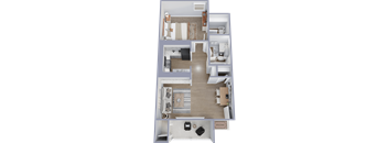 A 3D floor plan of a small apartment with a living room, kitchen, and bedroom.