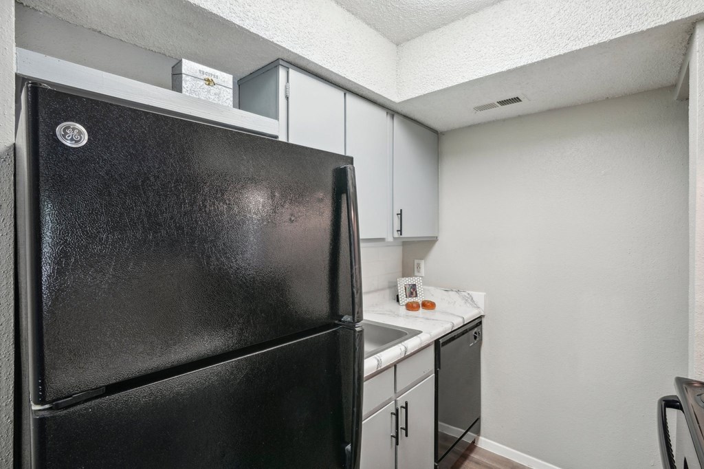a kitchen with a black refrigerator and light color cabinets