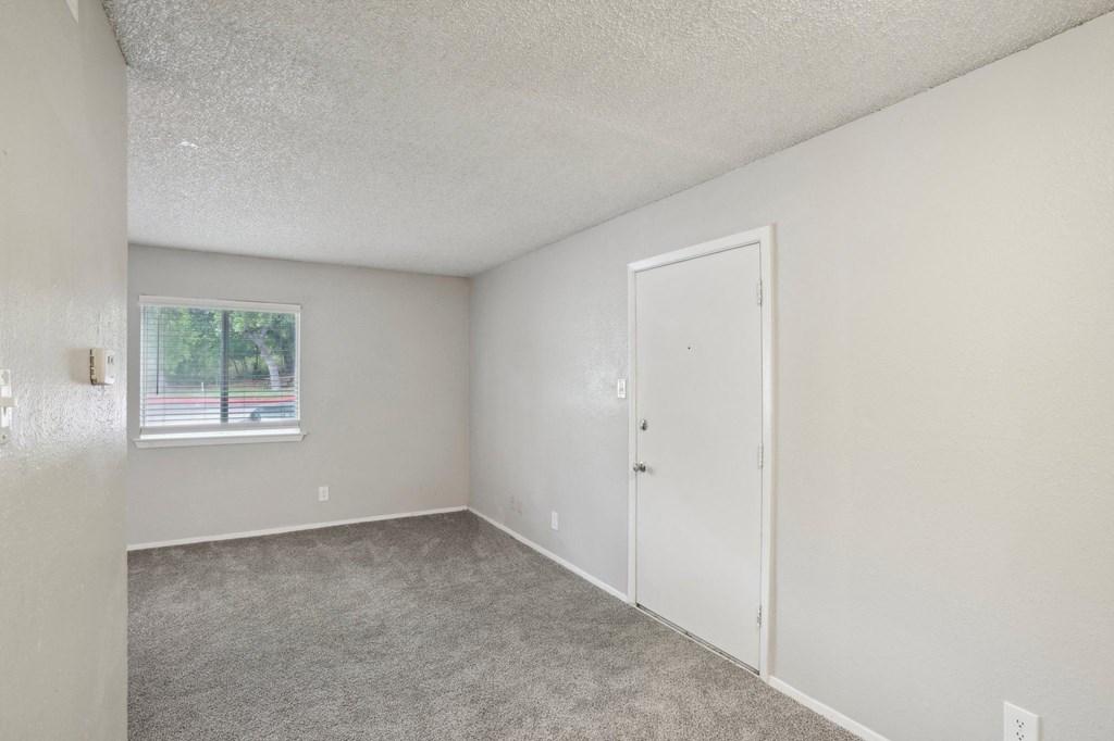 the spacious living room of an apartment with carpet and a window