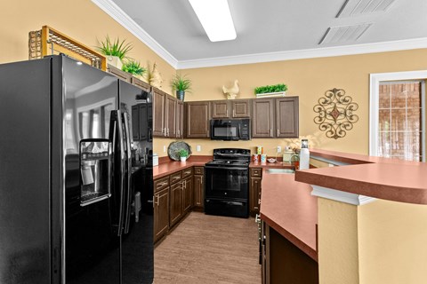 a kitchen with black appliances and a counter top