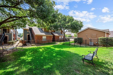 A backyard with a bench and a tree.