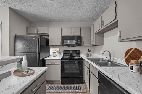 A kitchen with a black refrigerator and a black oven.