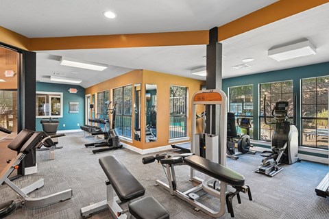 A gym with a variety of equipment including treadmills, weights, and exercise machines.