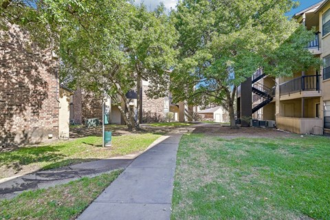 A tree-lined walkway in front of apartment buildings.
