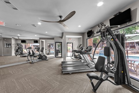 A gym with a variety of equipment including treadmills, weights, and a television.