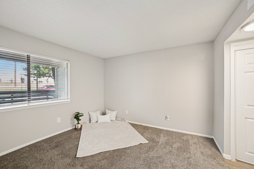 A room with a carpet, a rug, and a window with blinds.