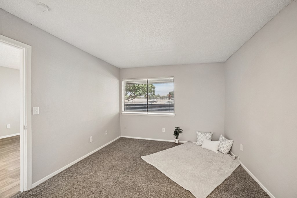 A room with a carpeted floor and a window with blinds.