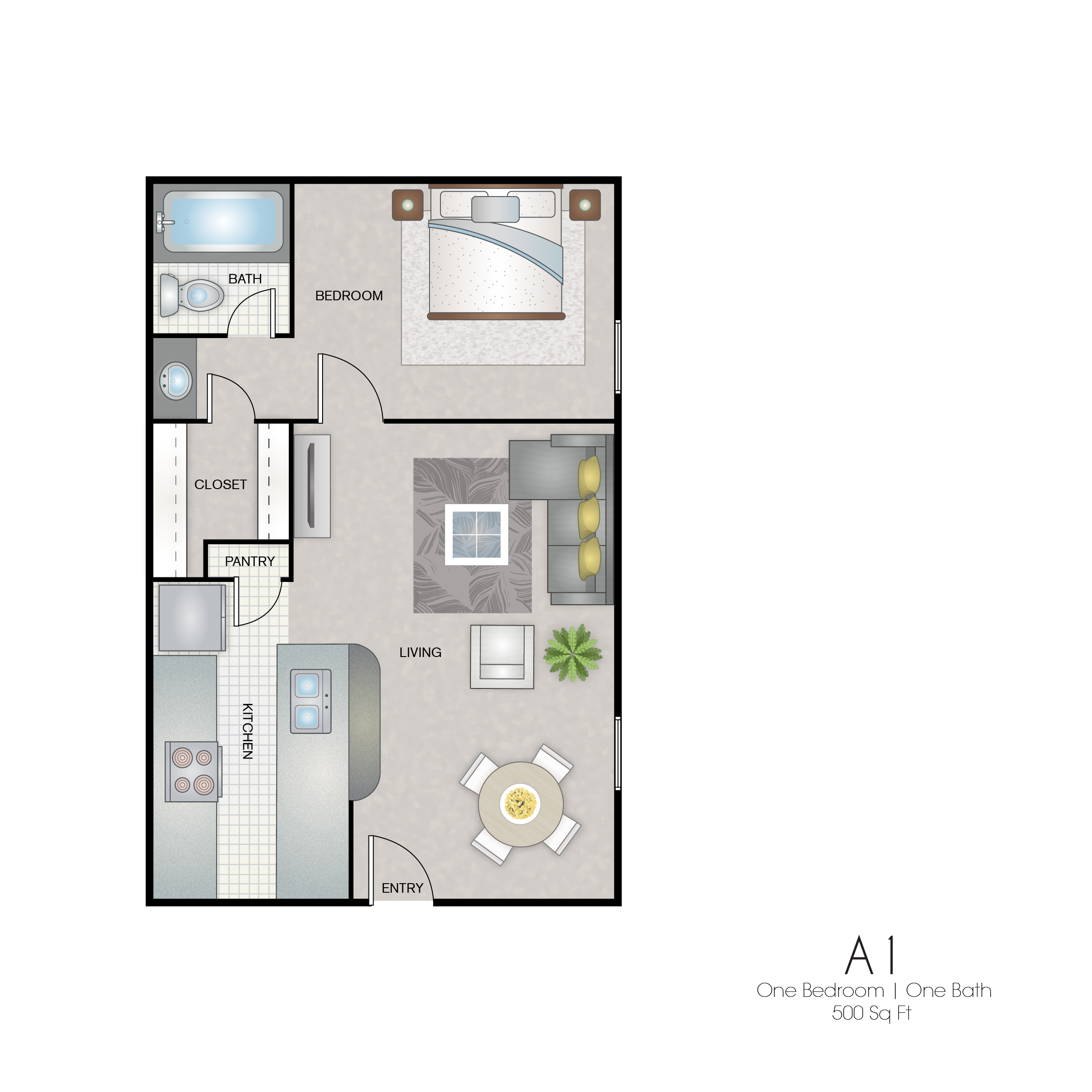 A floor plan of a house with a bedroom, living room, kitchen, and bathroom.