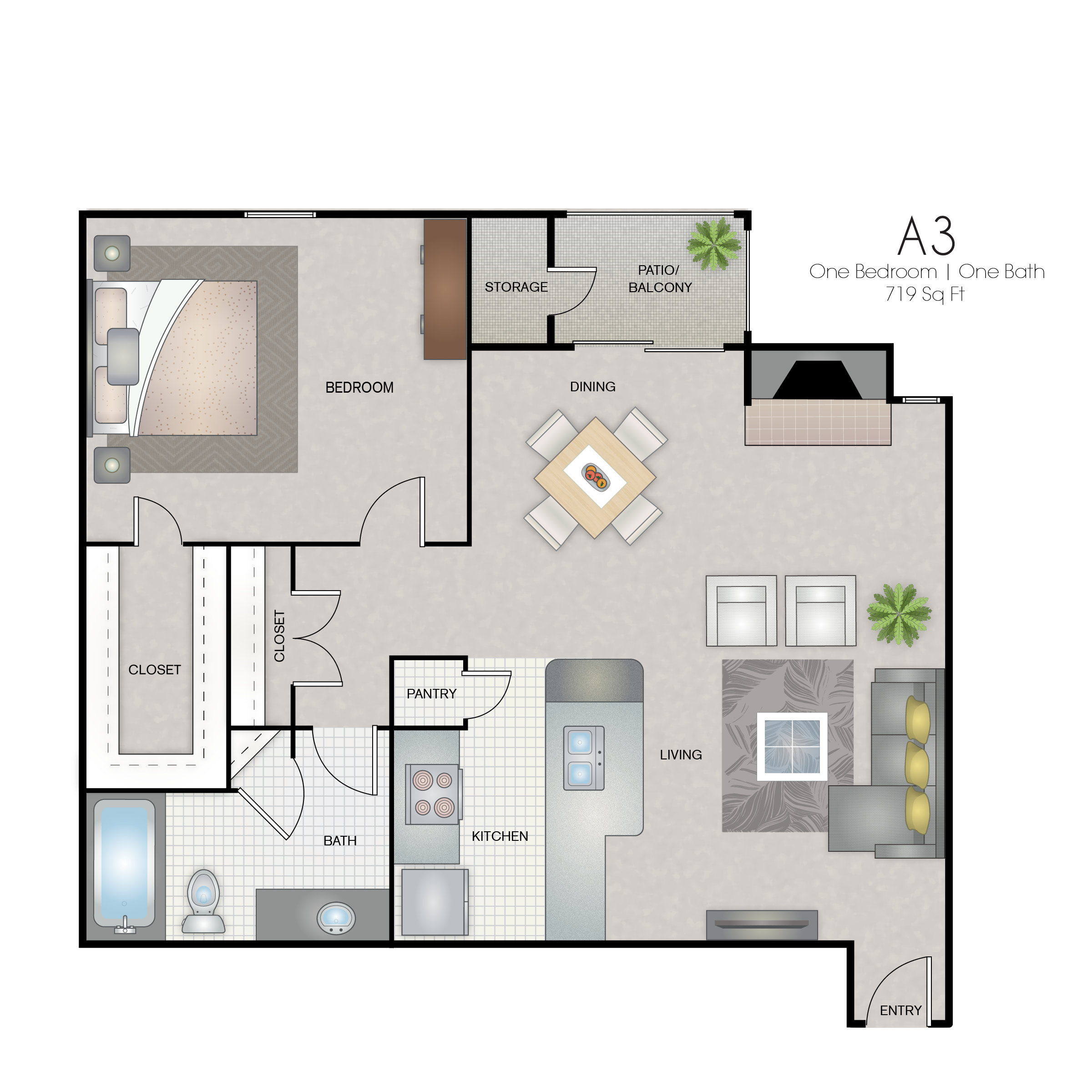 A floor plan of apartment A3 with labeled rooms.