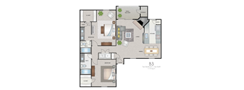 A floor plan of a B3 sized room with a kitchen, living room, dining room, and two bedrooms.