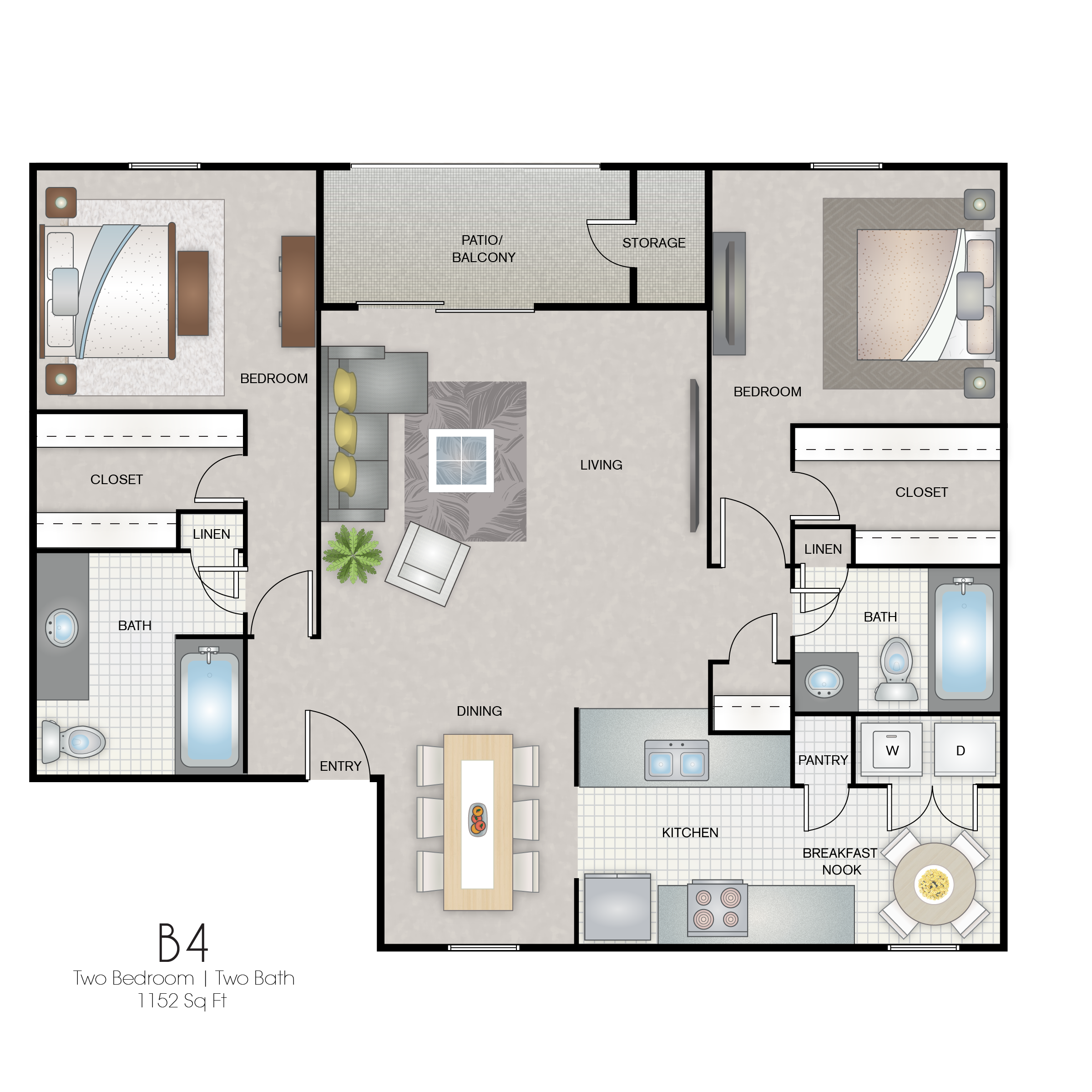 A floor plan of a home with a living room, dining room, kitchen, and two bedrooms.