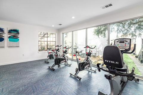 A gym with a row of exercise bikes and a treadmill.