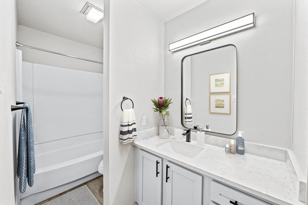a bathroom with a sink and a mirror  at Carmel at Deerfield, Texas