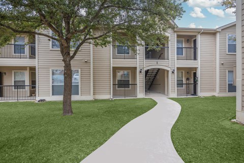 A tree is in front of apartment buildings.