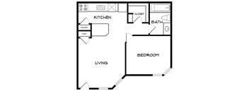 A black and white floor plan of a small apartment with a living room, kitchen, bedroom, and bathroom.