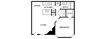 A black and white floor plan of a house with a living room, dining room, kitchen, bathroom, bedroom, and closet.