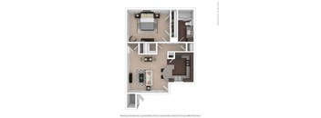 A floor plan of a small apartment with a kitchen, living room, and bathroom.
