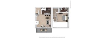 A floor plan of a two-bedroom apartment with a living room, kitchen, and bathroom.