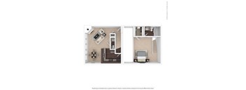 A floor plan of a small apartment with a living room and a bedroom.