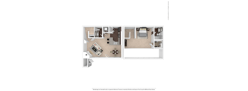 A floor plan of a two-bedroom apartment with a living room, kitchen, and bathroom.