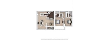 A floor plan of a two-bedroom apartment with a kitchen and living room.