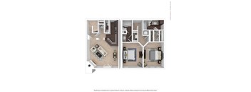A floor plan of a two-bedroom apartment with a kitchen and living room.