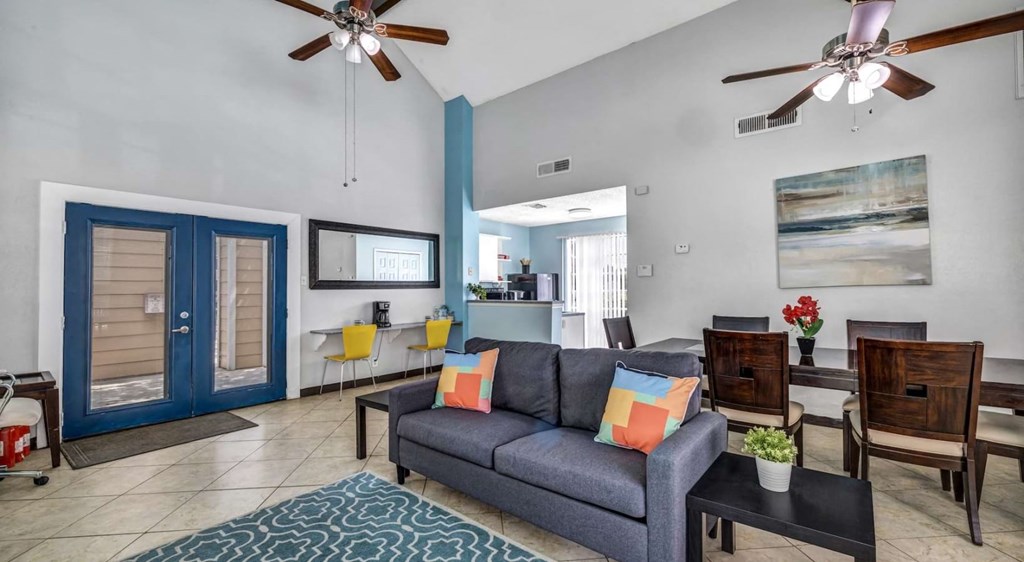 A living room with a grey couch and a blue rug.