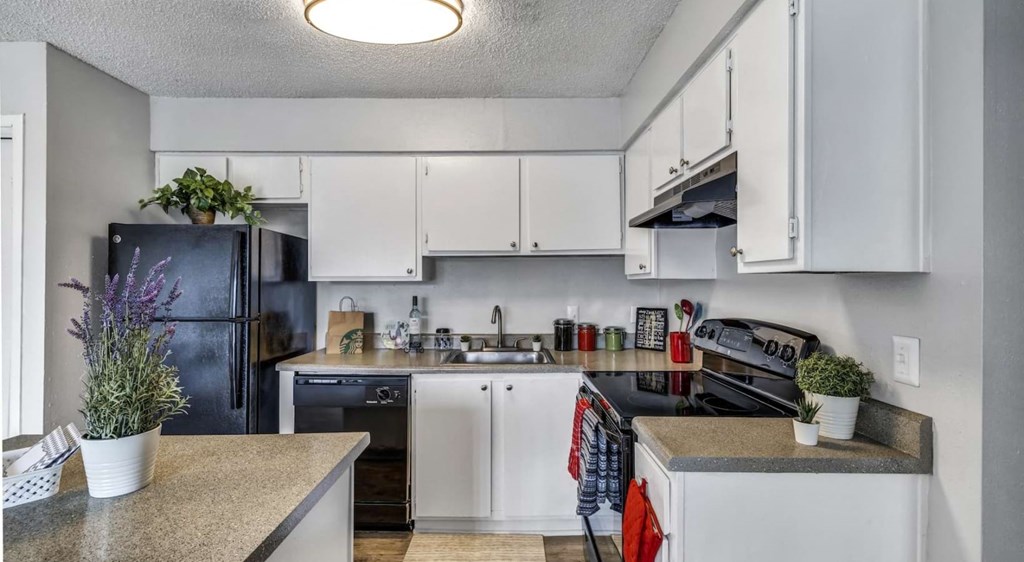 A kitchen with white cabinets and a black fridge.at Viva Max, San Antonio, TX 78228