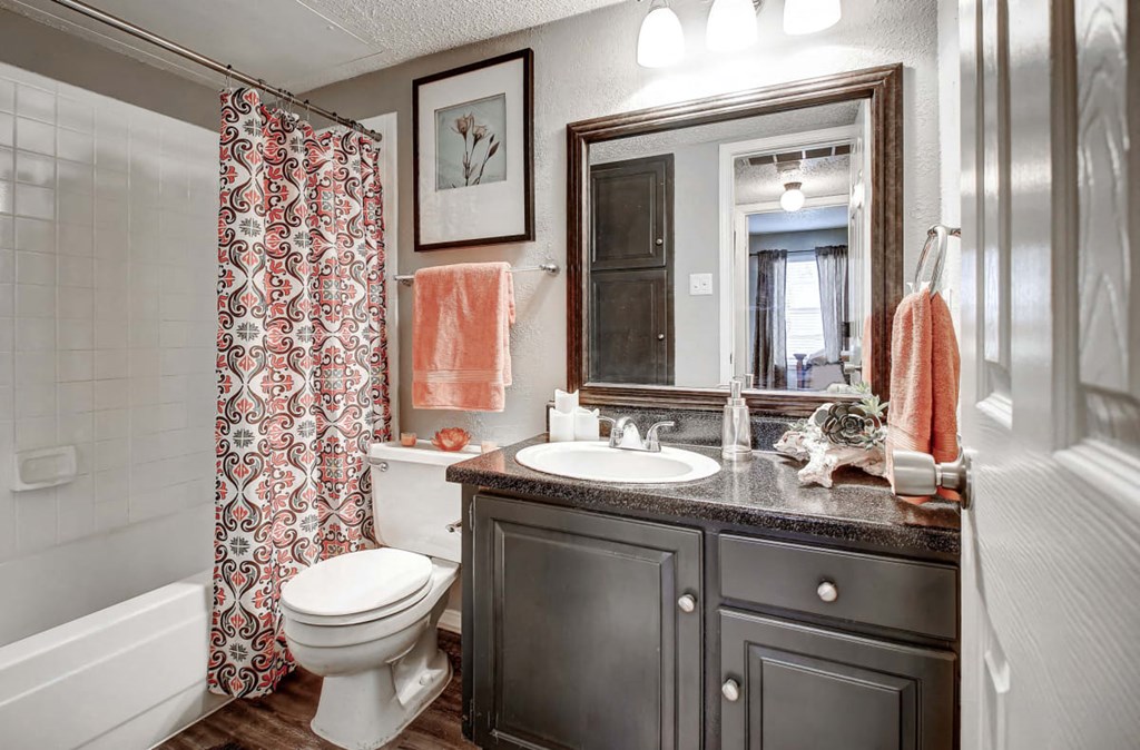 Bathroom with tub/shower and large vanity at The Hills at Ironhorse, North Richland Hills
