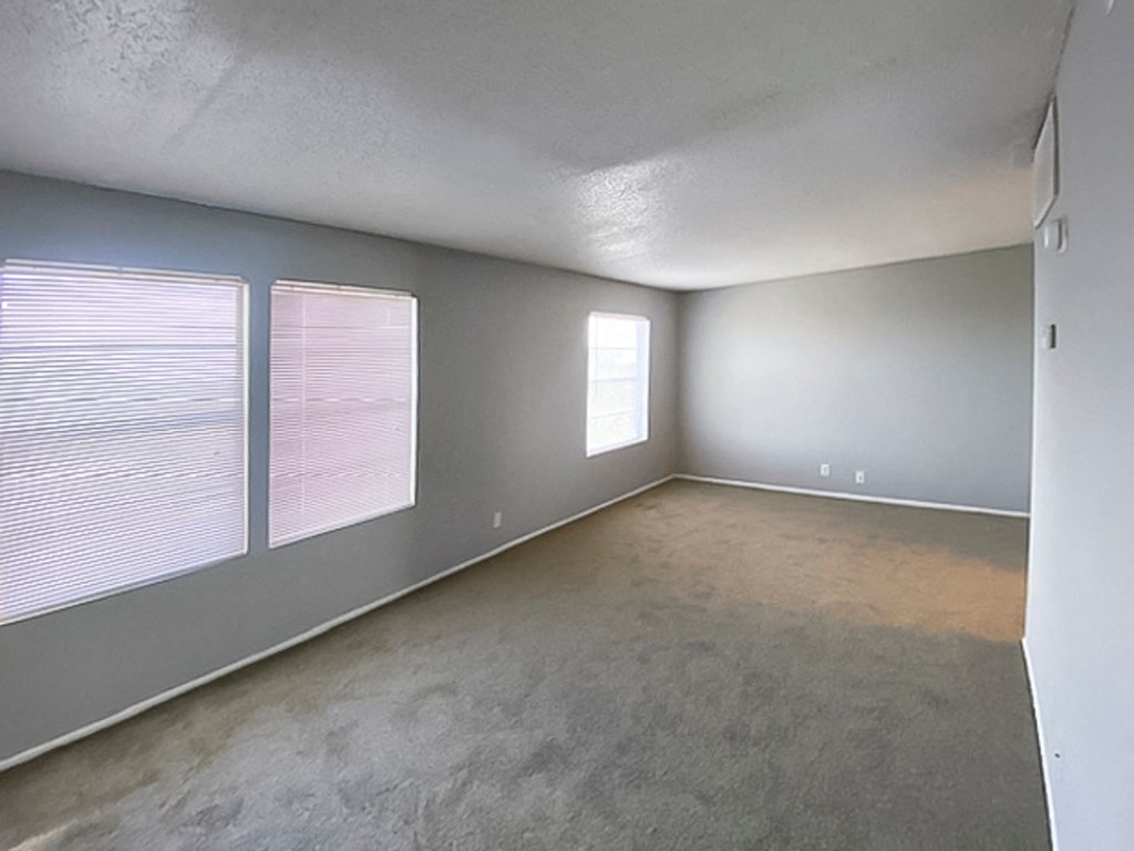 a bedroom with three windows and a carpeted floor at The Frederick, Texas, 78240
