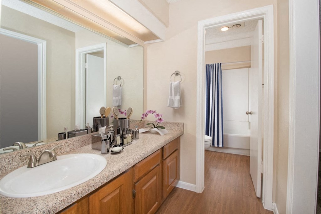 a bathroom with a sink and a mirror at Tradewinds, Windcrest, TX