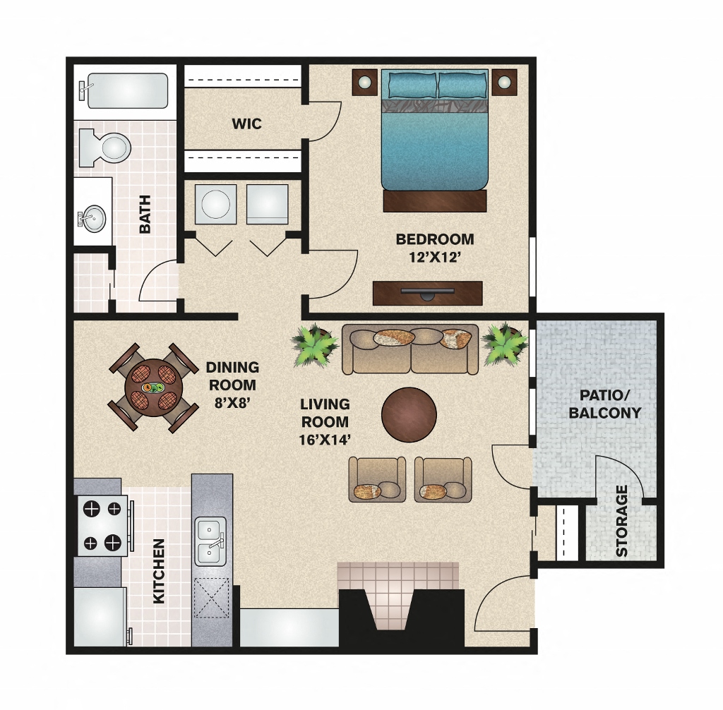 B - 1 Bedroom 1 Bath 674 Sq. Ft. Floor Plan at Trinity Village Apartments, Dallas, Texas