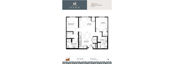 A floor plan for a two-bedroom, two-bathroom apartment at Carver Oaks.