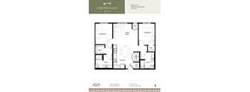 A floor plan for a two-bedroom, two-bathroom apartment at Carver Place.