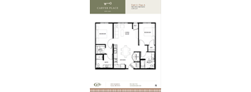 A black and white image of a floor plan for a two-bedroom, two-bathroom apartment.