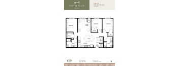 A floor plan for a three-bedroom, two-bathroom apartment.
