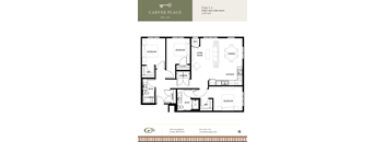 A floor plan for a three-bedroom, two-bathroom apartment at Carver Place.