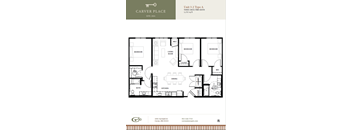 A floor plan for a three-bedroom, two-bathroom unit at Carver Place.