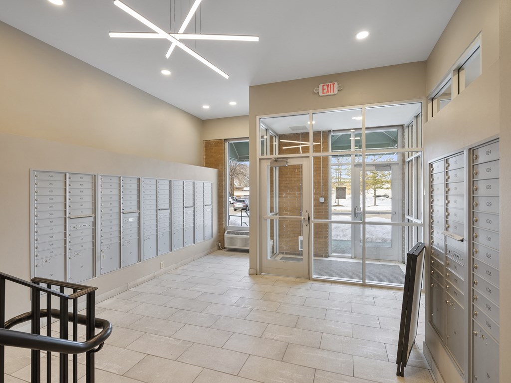 Lobby view with mail lockers toward the front of the building