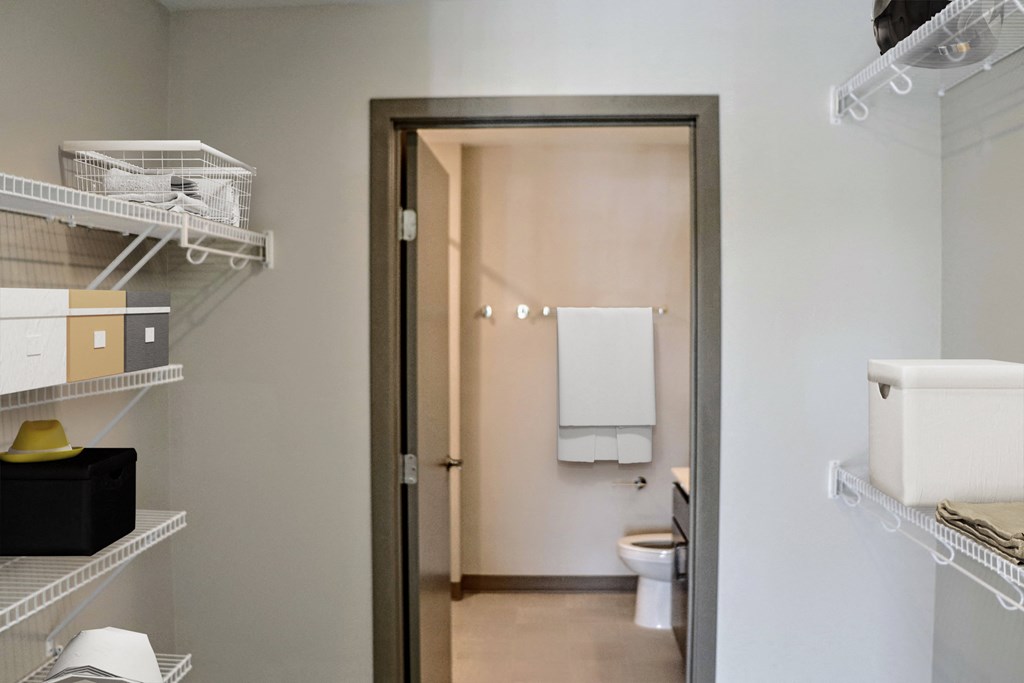 Walk-in closet leading to a bathroom with a toilet and a sink