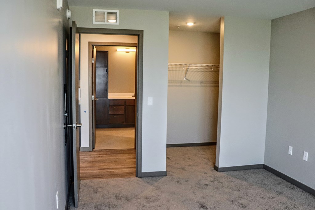 a bedroom with a closet and a door that leads to a bathroom
