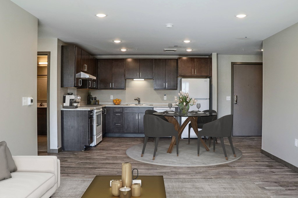 a kitchen and dining area