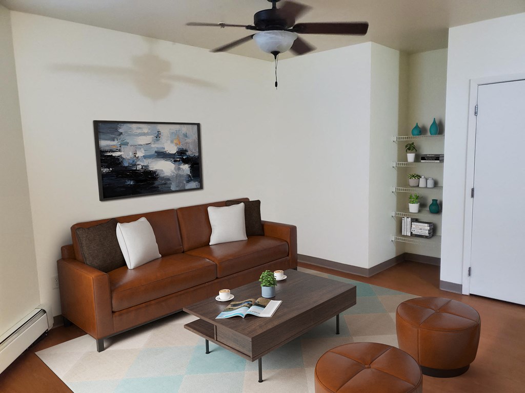 a living room with a couch and a coffee table