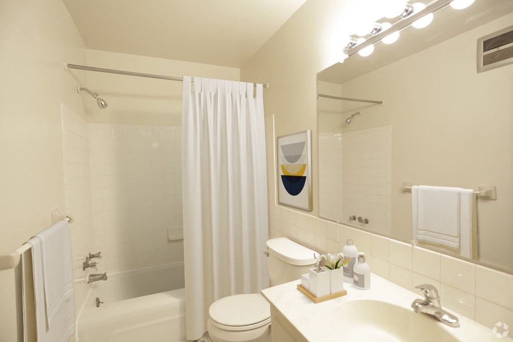 Bathroom showing a vanity, towel bar, sink, toilet, full  bath and shower.