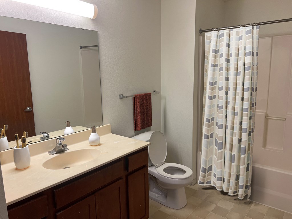a bathroom with a sink toilet and shower