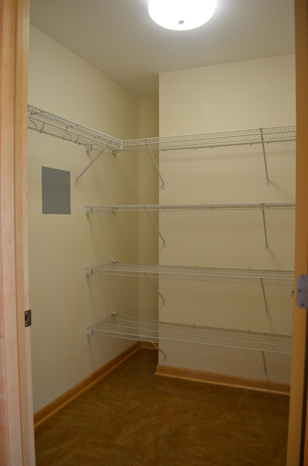 a walk in closet with empty shelves and a ceiling light