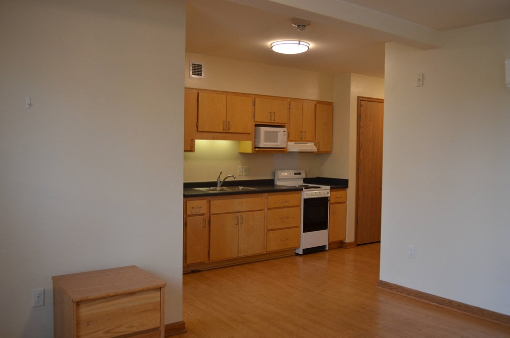 an empty kitchen with wooden cabinets and a stove and a sink