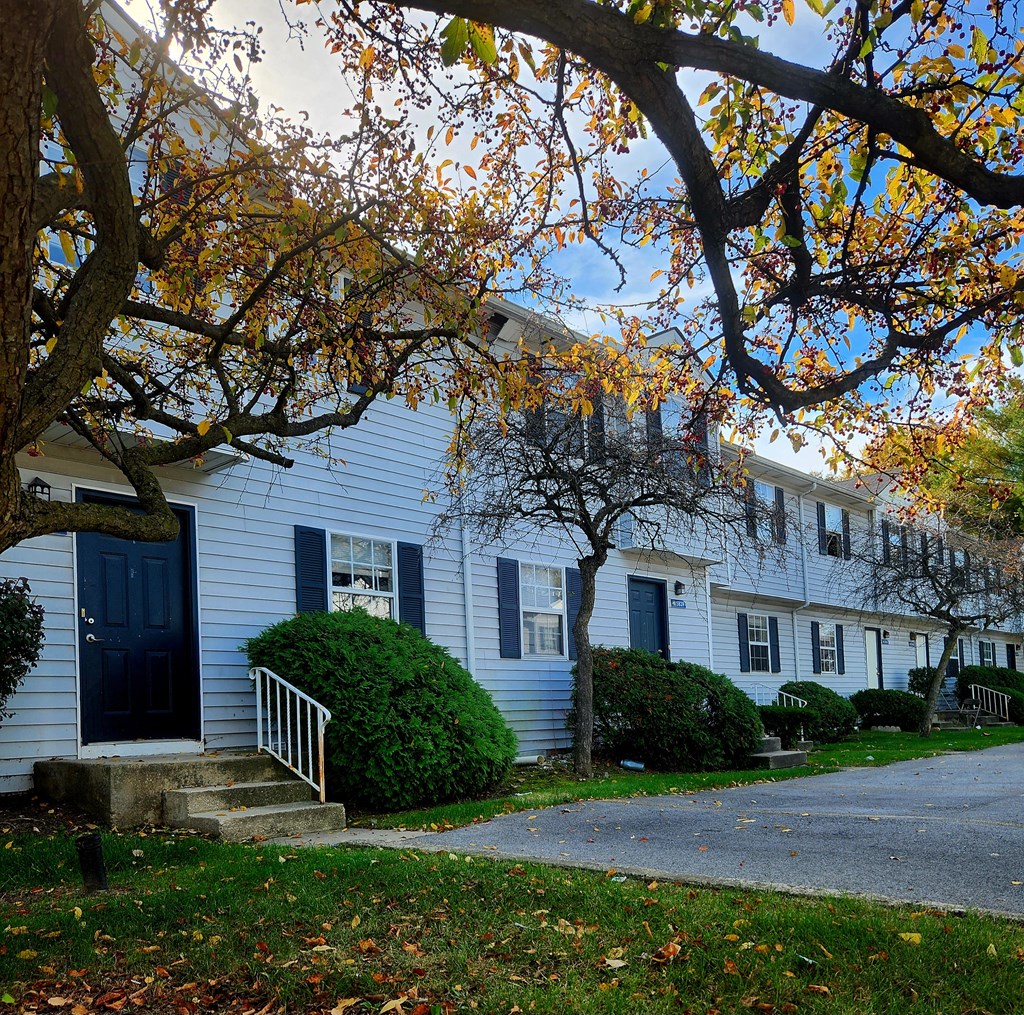a white house with a sidewalk and trees in front of it