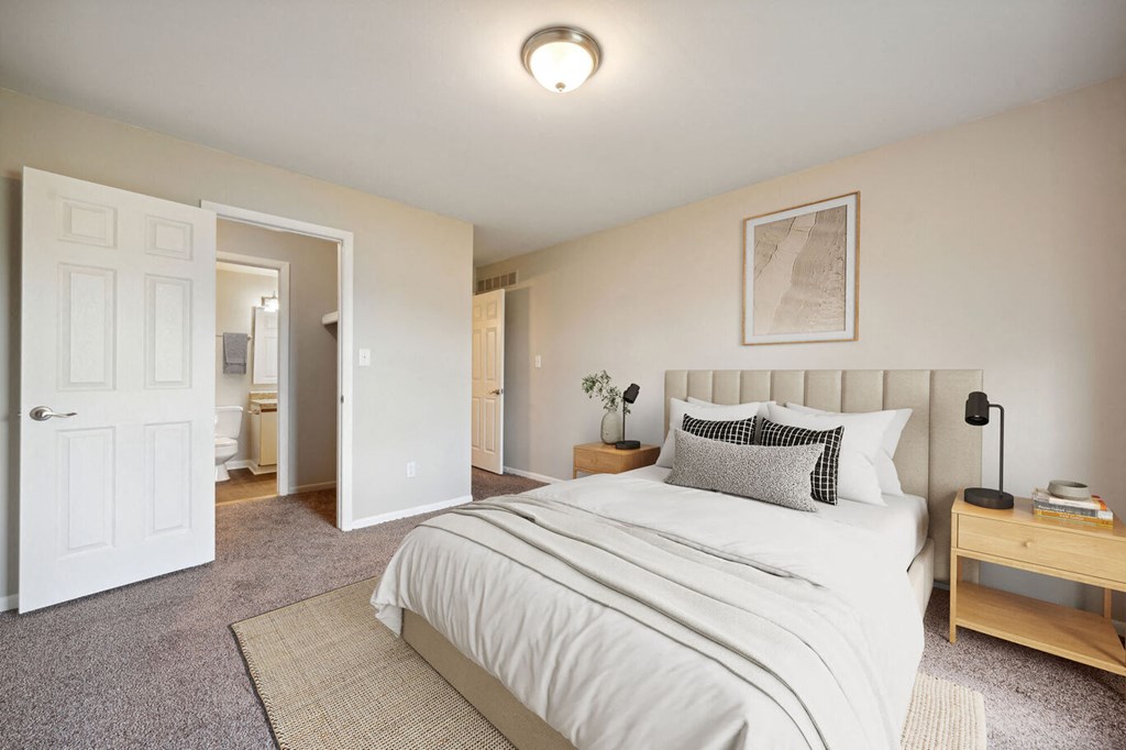 a bedroom with a bed and a closet