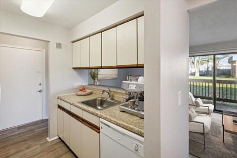 a kitchen with a sink and a window